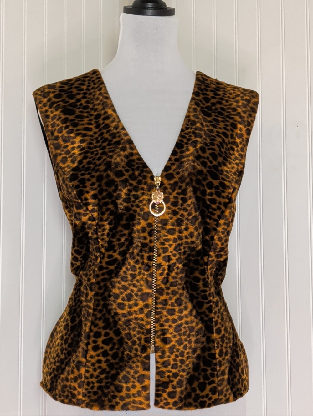 Vtg 90s Faux Fur Leopard Print Vest Satin Back Tie Gold Sun Zip Pull